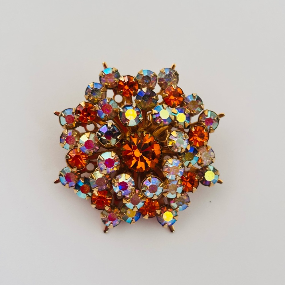 Vintage Aurora Borealis Topaz Rhinestone Orange Gold Tone Swedge Floral Brooch